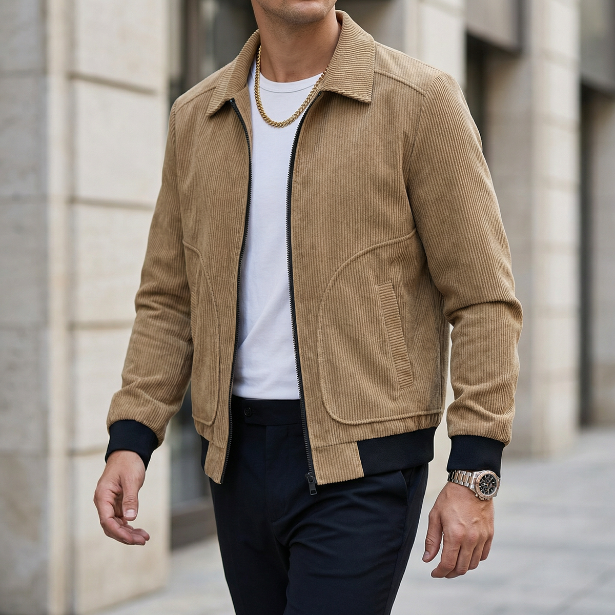 Men's Corduroy Zip-Up Jacket – Collared Casual Bomber Style Jacket