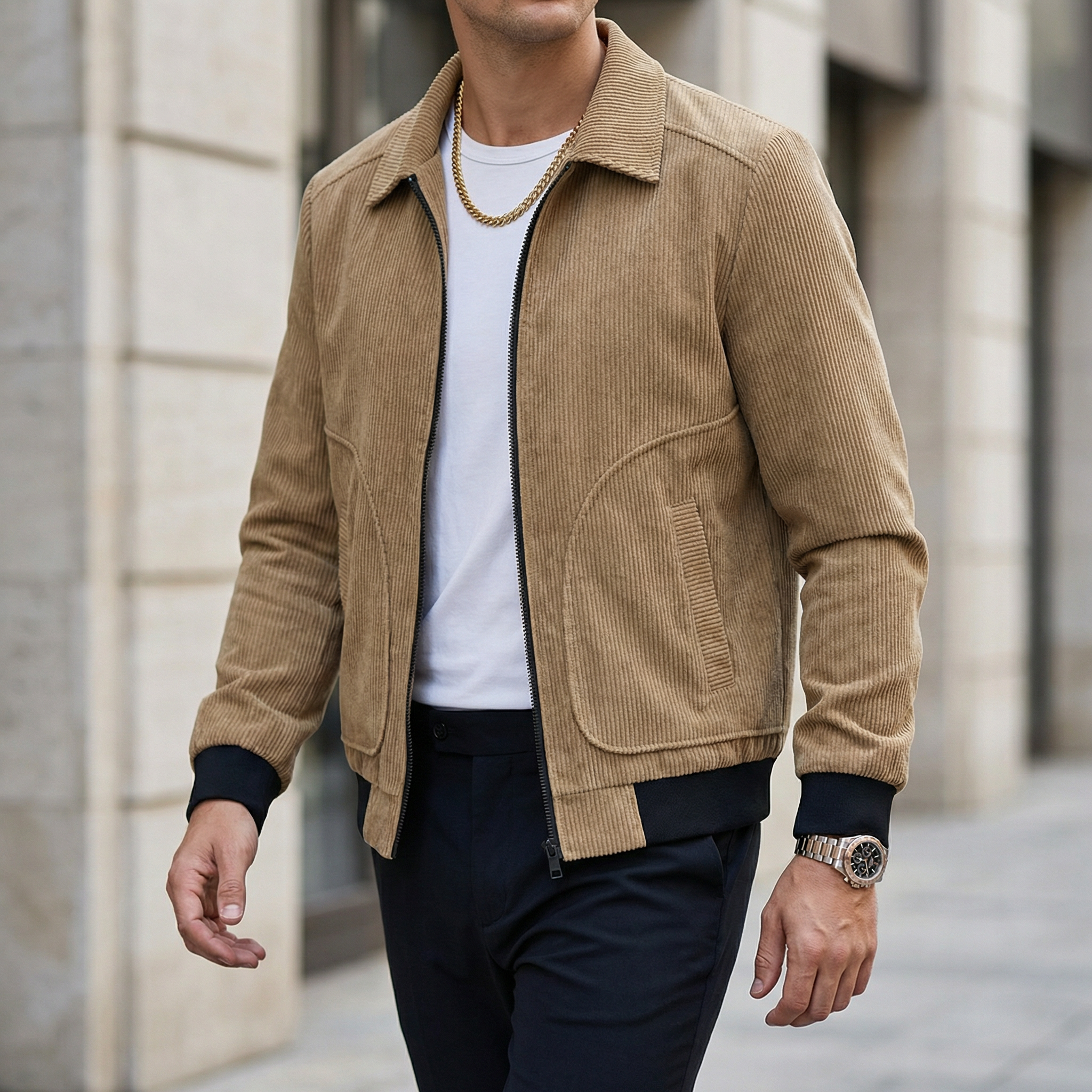 Men's Corduroy Zip-Up Jacket – Collared Casual Bomber Style Jacket