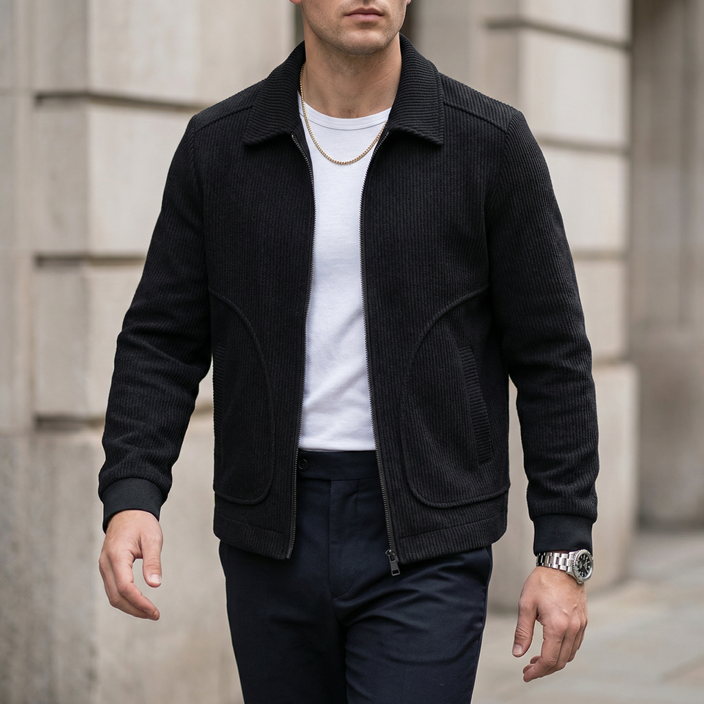 Men's Corduroy Zip-Up Jacket – Collared Casual Bomber Style Jacket