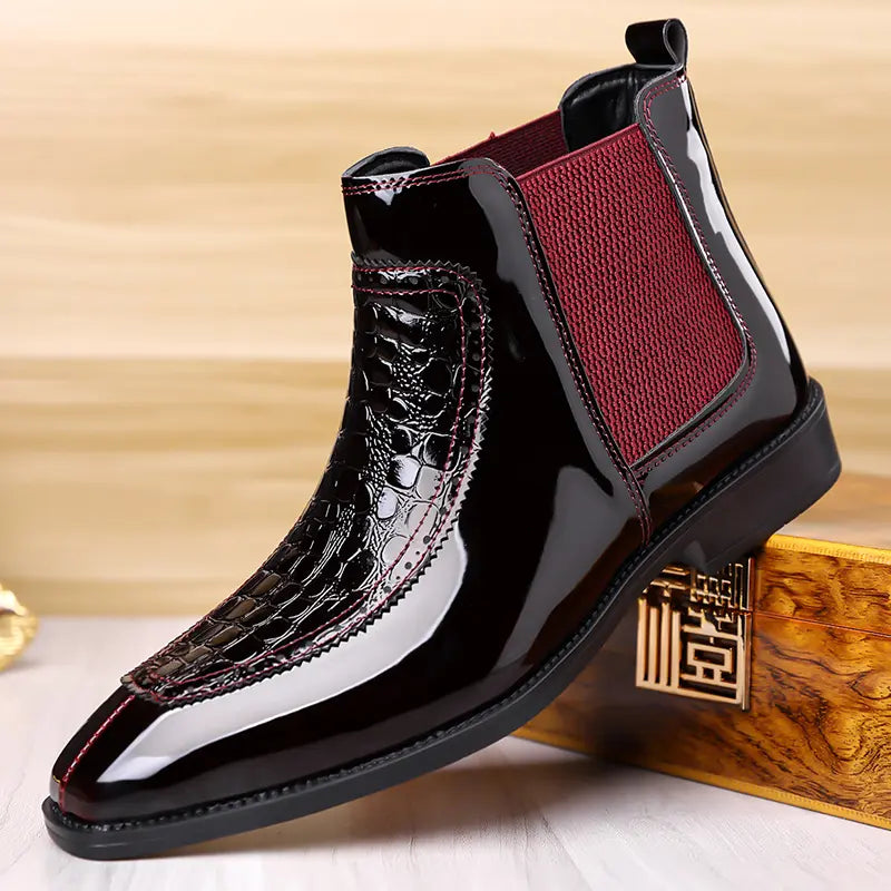 Men's Croc-Effect Patent Chelsea Boots – Pointed Toe Formal Ankle Boots