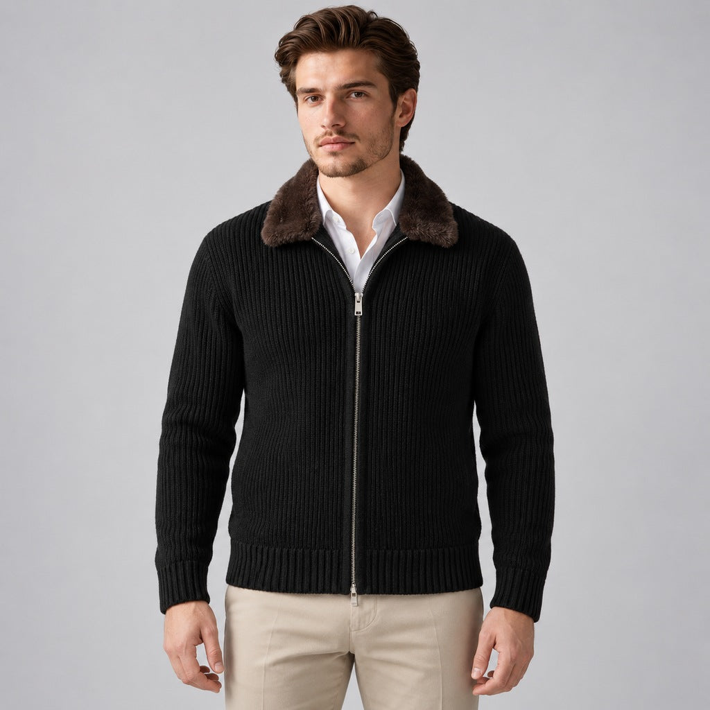 Men's Faux Fur Collar Ribbed Knit Zip Cardigan – front view