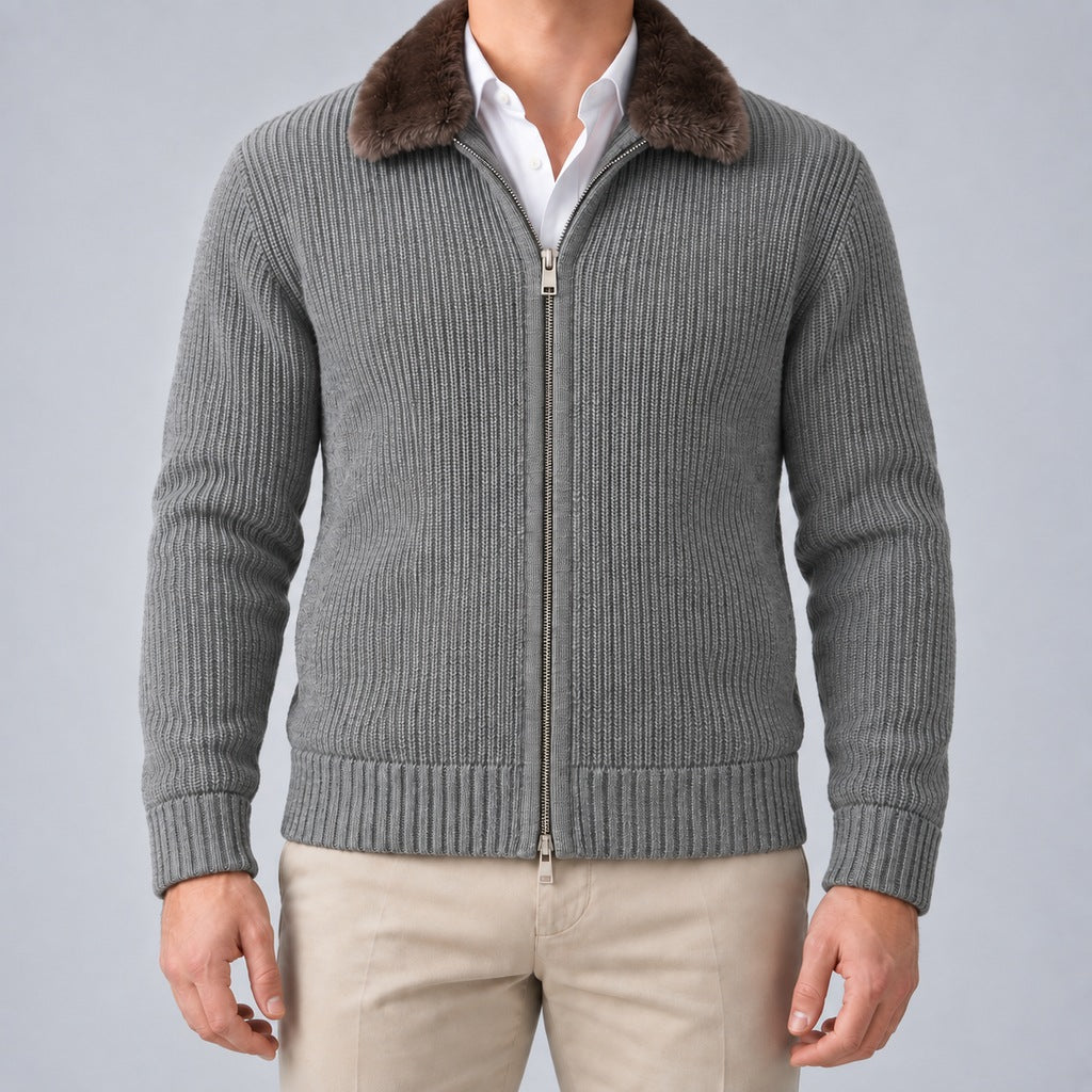 Men's Faux Fur Collar Ribbed Knit Zip Cardigan in grey – front view