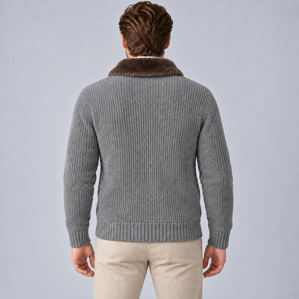 Men's Faux Fur Collar Ribbed Knit Zip Cardigan in grey – back view