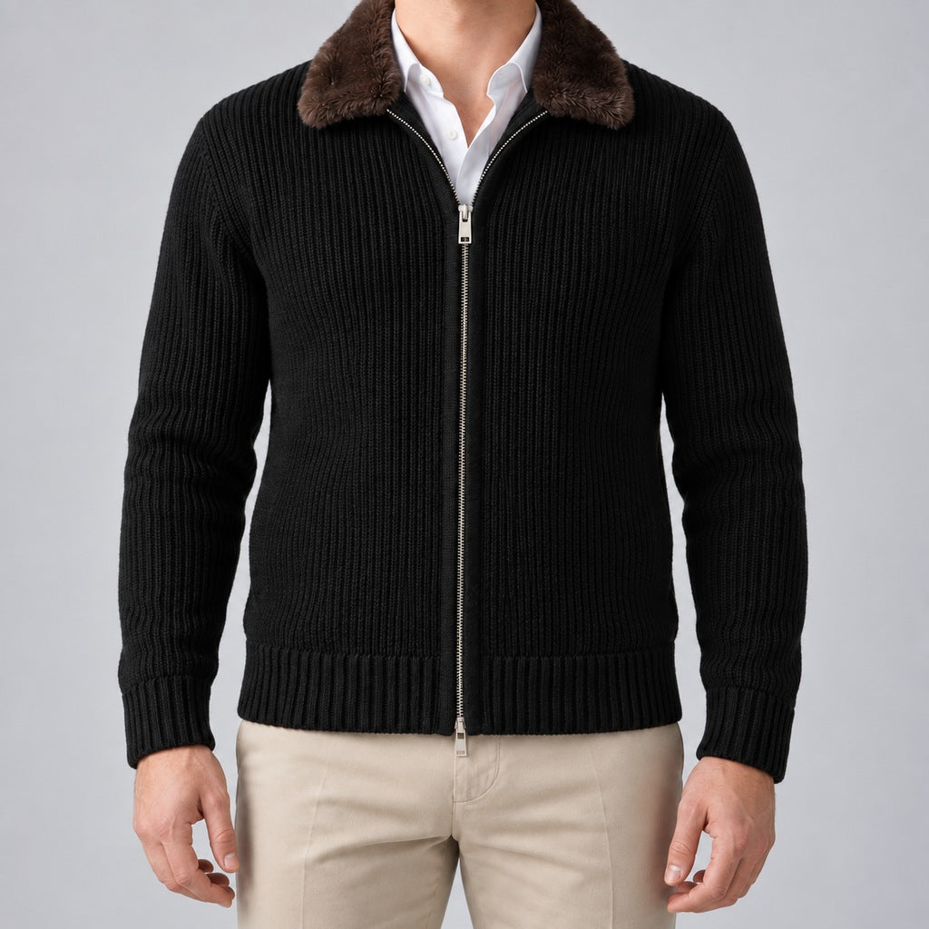 Men's Faux Fur Collar Ribbed Knit Zip Cardigan – close front view