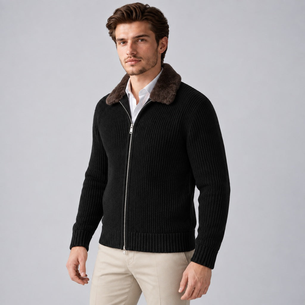 Men's Faux Fur Collar Ribbed Knit Zip Cardigan – side angle