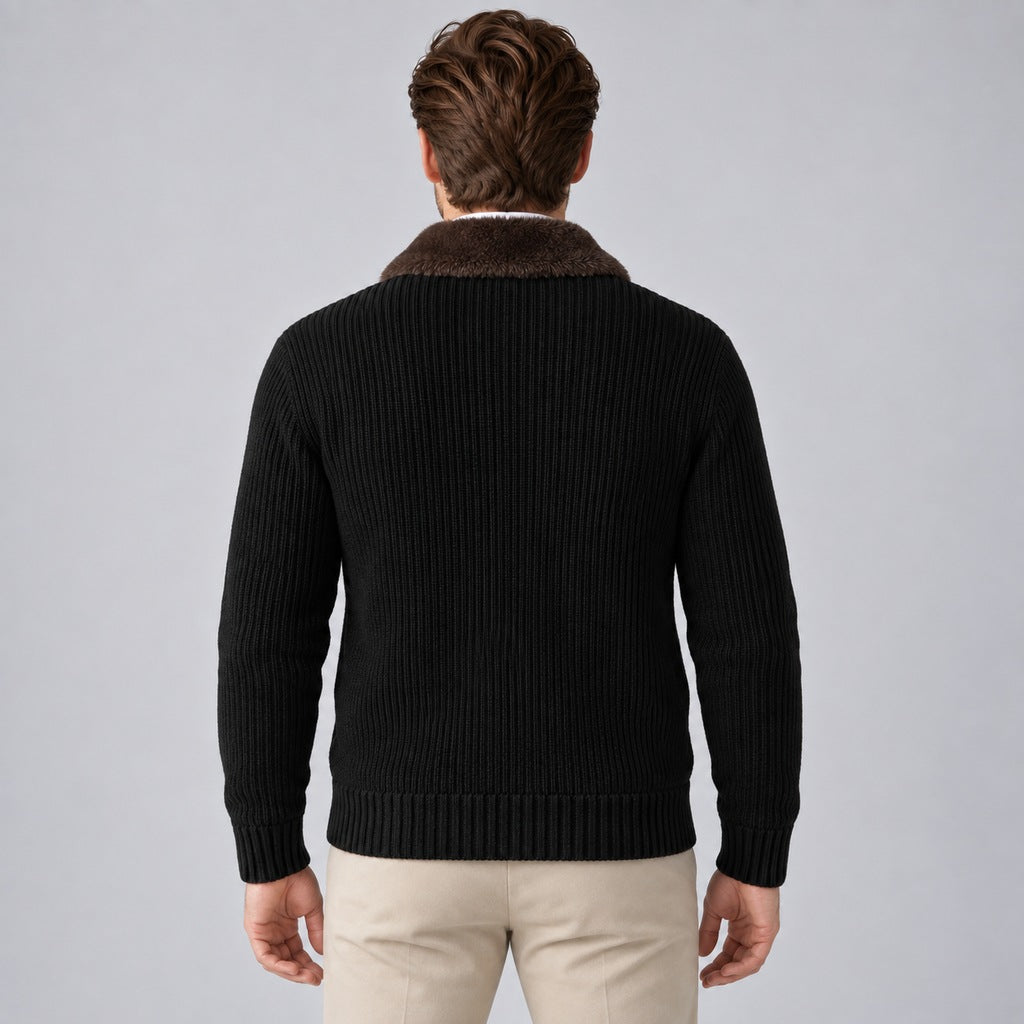 Men's Faux Fur Collar Ribbed Knit Zip Cardigan – back view