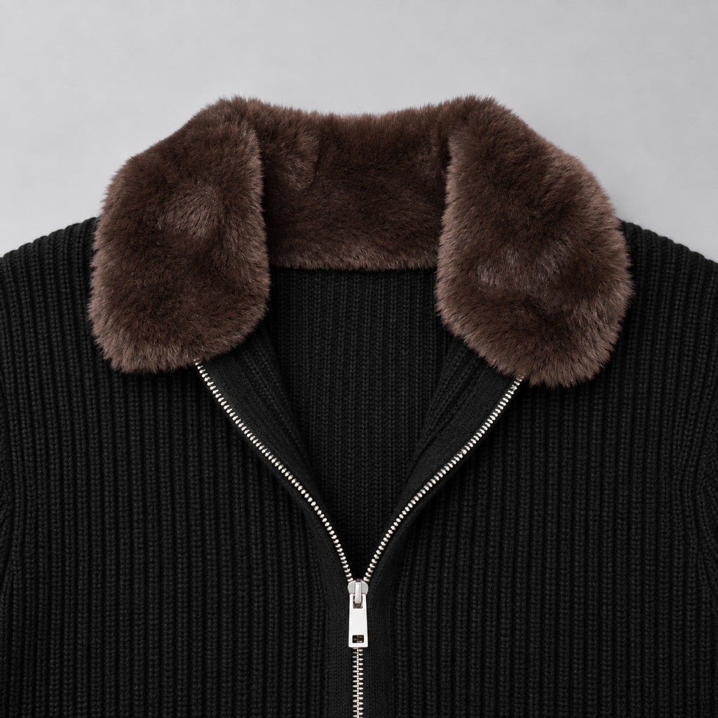 Men's Faux Fur Collar Ribbed Knit Zip Cardigan – faux fur collar detail