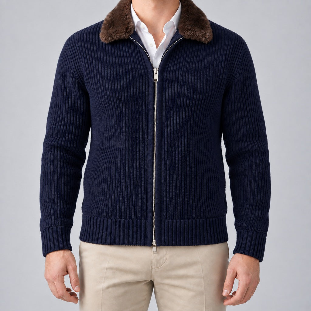 Men's Faux Fur Collar Ribbed Knit Zip Cardigan in navy – front view