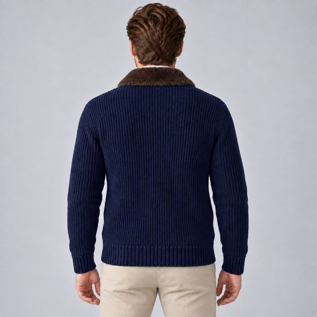Men's Faux Fur Collar Ribbed Knit Zip Cardigan in navy – back view