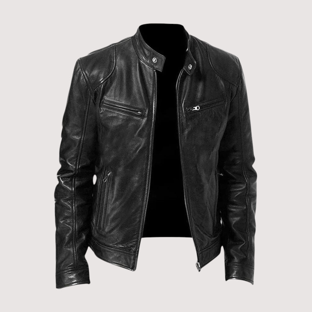 Men's Faux Leather Biker Jacket – Zip-Up Collared Moto Jacket