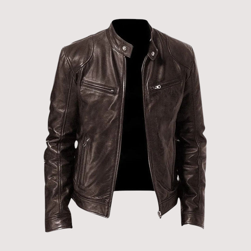 Men's Faux Leather Biker Jacket – Zip-Up Collared Moto Jacket