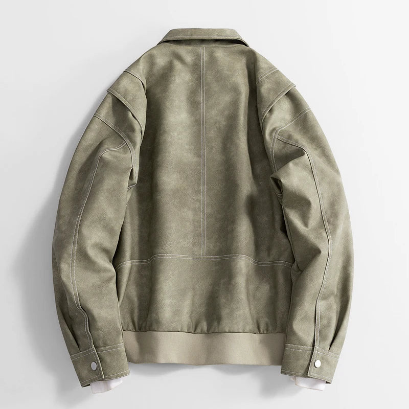 Men's Faux Leather Bomber Jacket – Collared Ribbed Hem Bomber