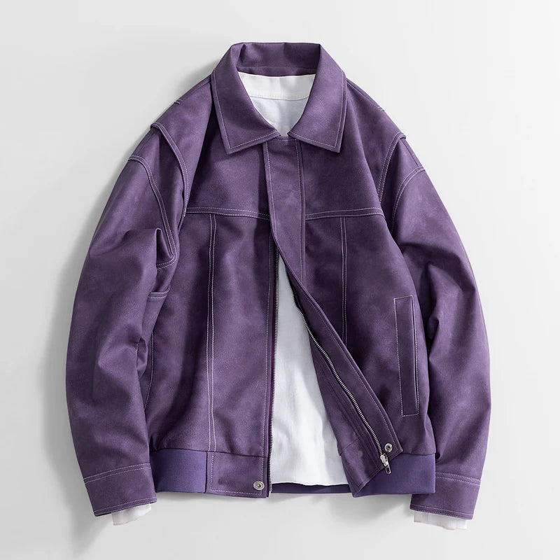 Men's Faux Leather Bomber Jacket – Collared Ribbed Hem Bomber