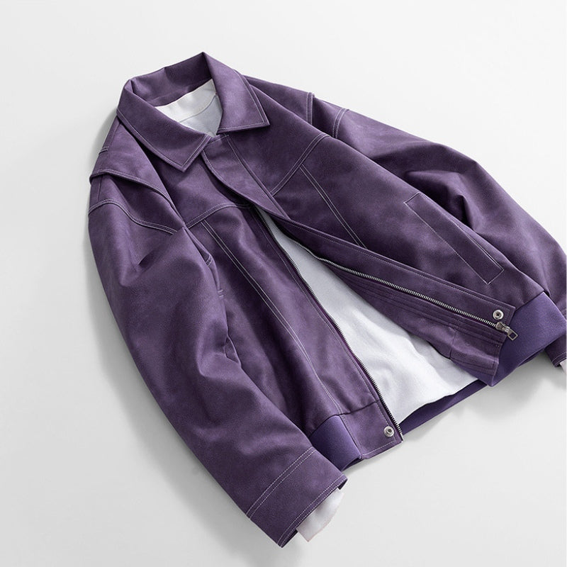Men's Faux Leather Bomber Jacket – Collared Ribbed Hem Bomber