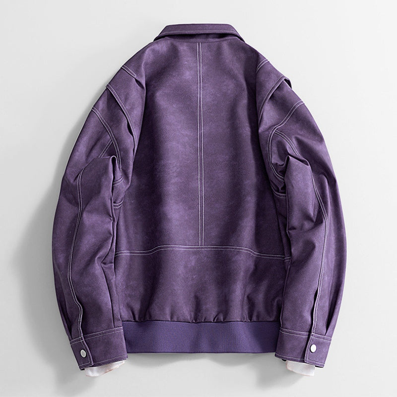 Men's Faux Leather Bomber Jacket – Collared Ribbed Hem Bomber