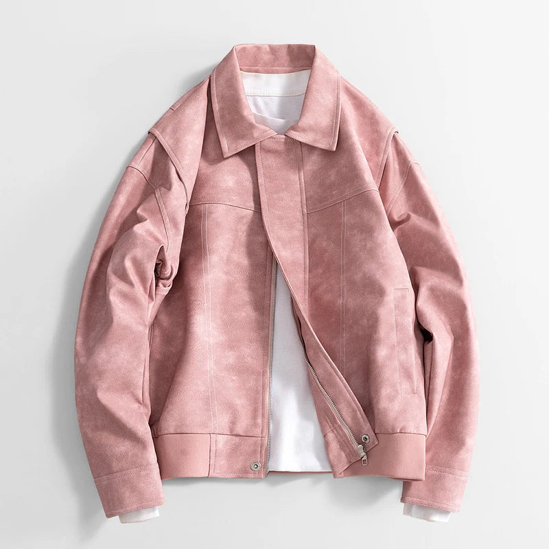 Men's Faux Leather Bomber Jacket – Collared Ribbed Hem Bomber