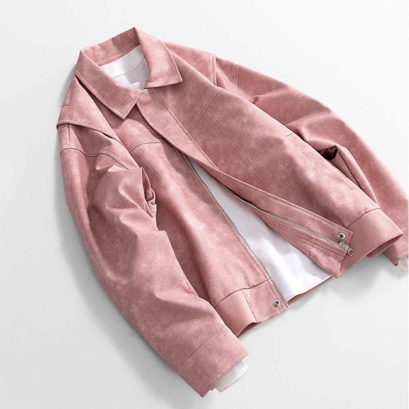 Men's Faux Leather Bomber Jacket – Collared Ribbed Hem Bomber