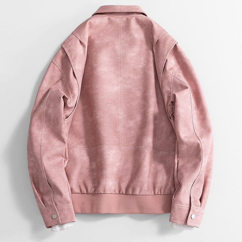 Men's Faux Leather Bomber Jacket – Collared Ribbed Hem Bomber