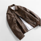 Men's Faux Leather Bomber Jacket – Collared Ribbed Hem Bomber