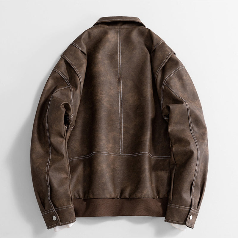 Men's Faux Leather Bomber Jacket – Collared Ribbed Hem Bomber
