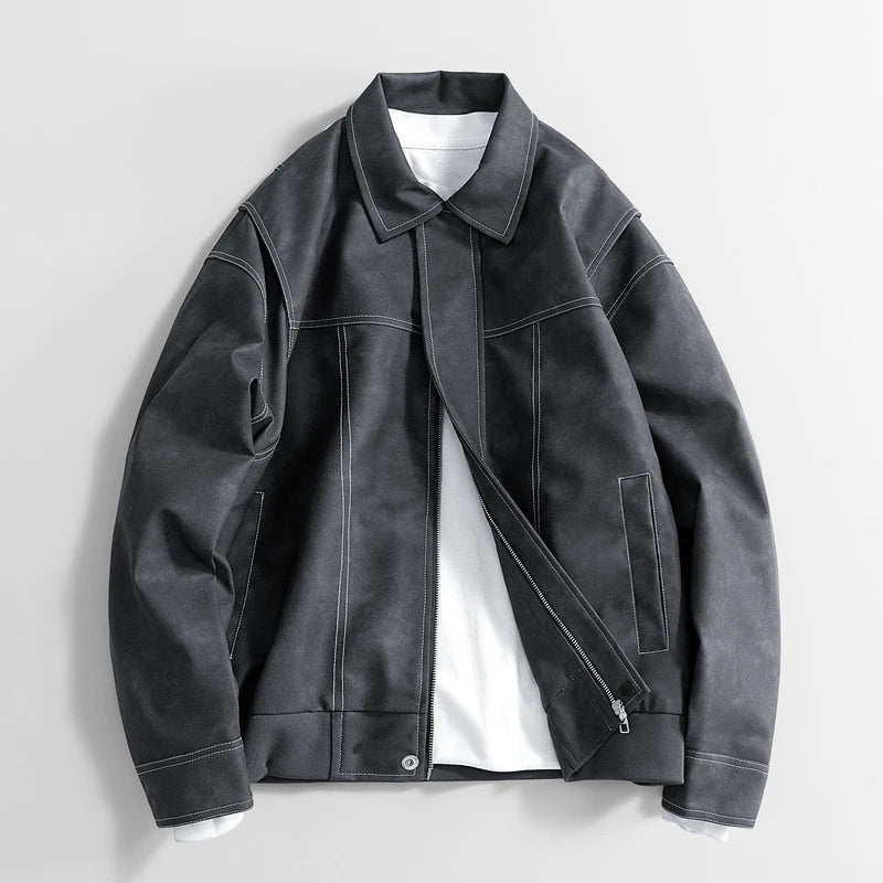 Men's Faux Leather Bomber Jacket – Collared Ribbed Hem Bomber
