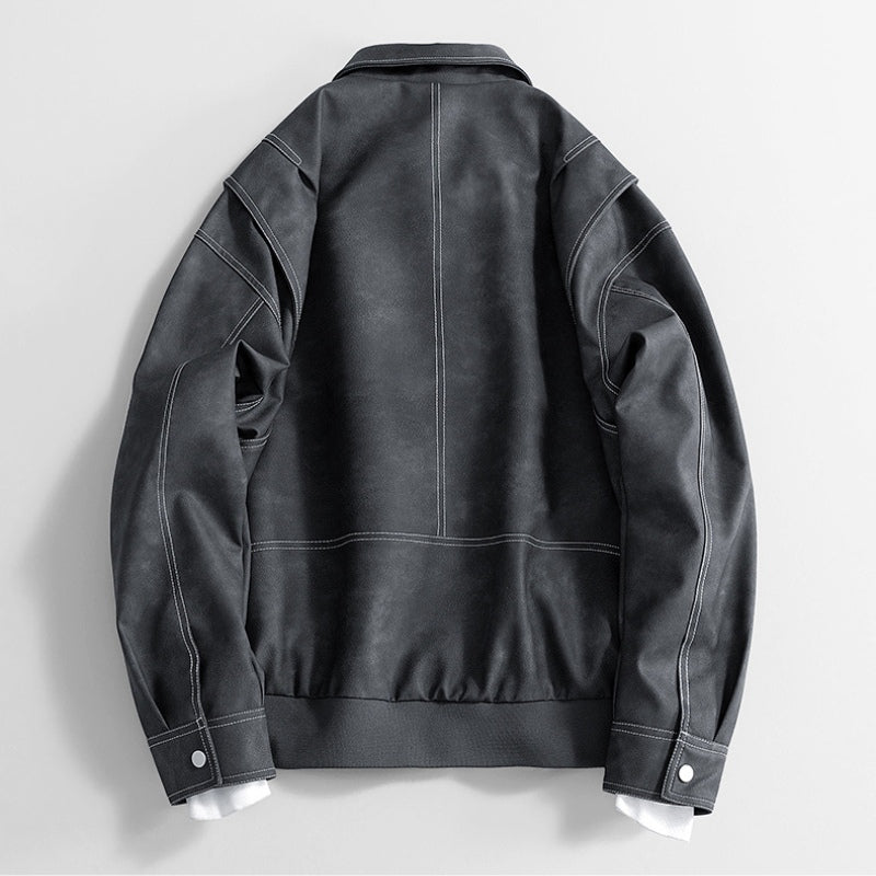 Men's Faux Leather Bomber Jacket – Collared Ribbed Hem Bomber