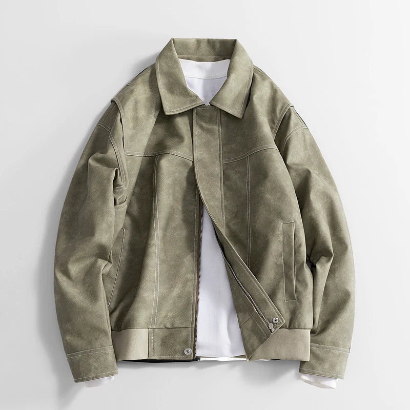 Men's Faux Leather Bomber Jacket – Collared Ribbed Hem Bomber