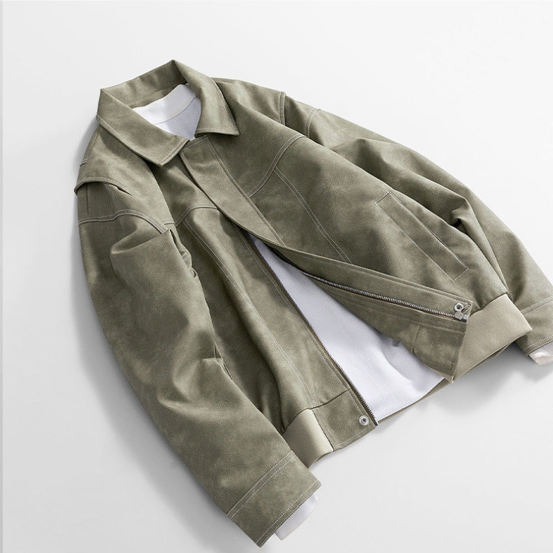 Men's Faux Leather Bomber Jacket – Collared Ribbed Hem Bomber