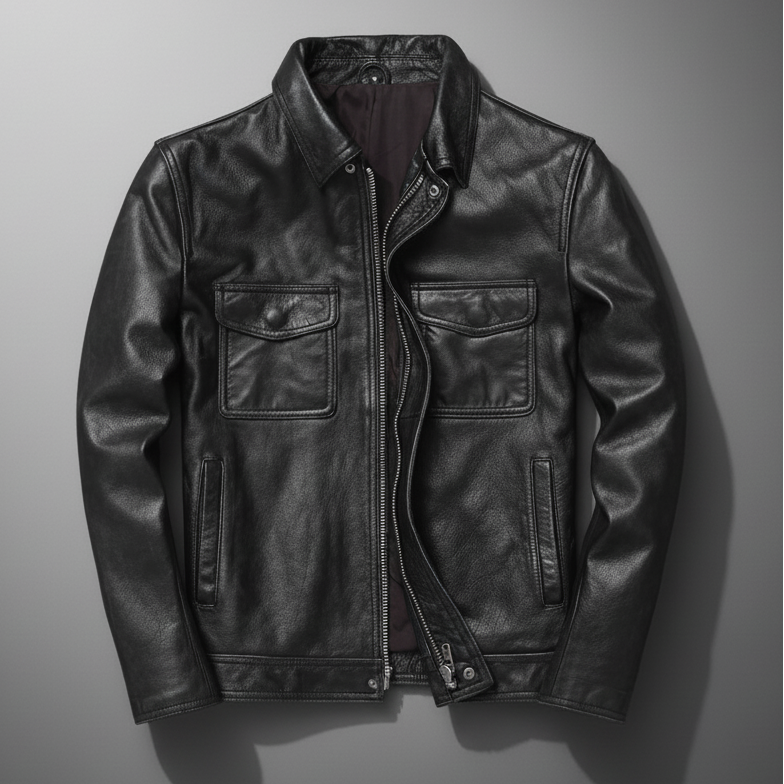 Men's Faux Leather Field Jacket – Utility Pocket Collared Jacket