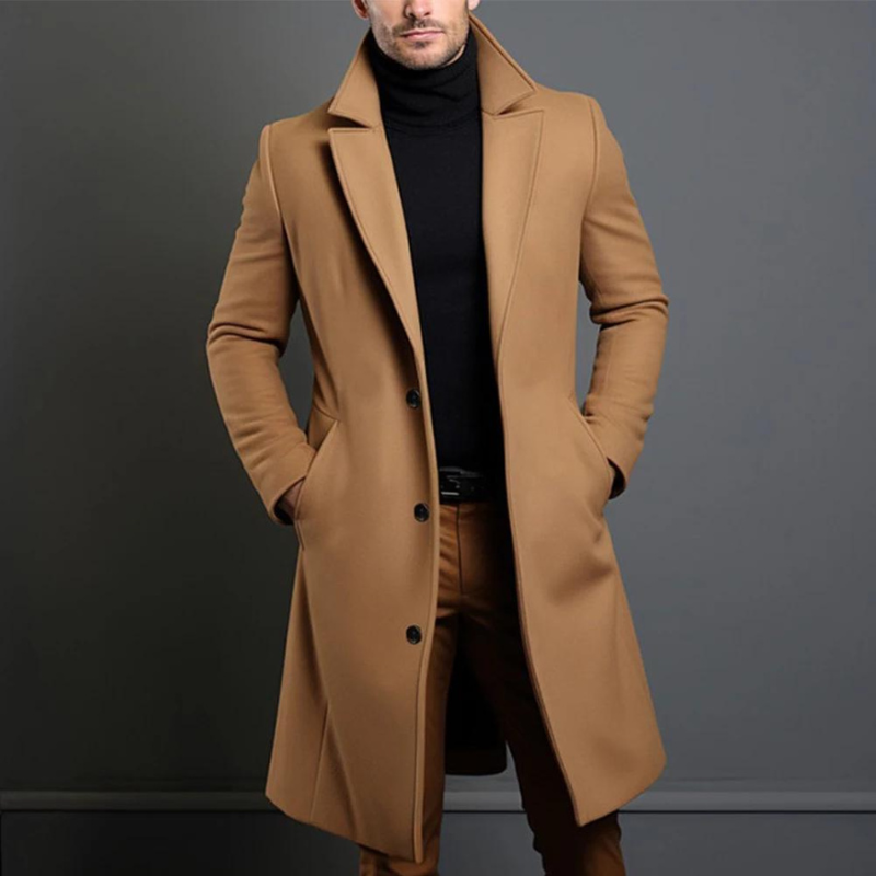 Men's Formal Winter Coat – Single-Breasted Notch Lapel Longline Overcoat