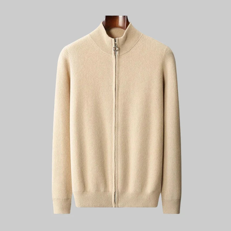 Men's Full Zip Knitted Cardigan – Ribbed Stand Collar Zip Knit