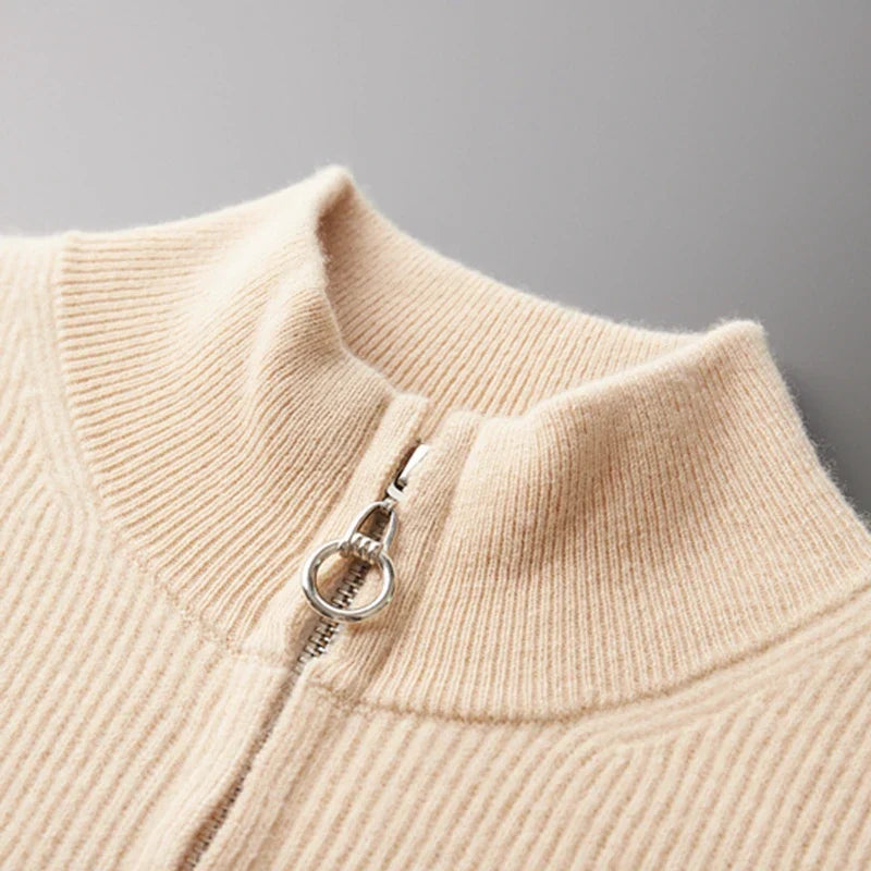 Men's Full Zip Knitted Cardigan – Ribbed Stand Collar Zip Knit