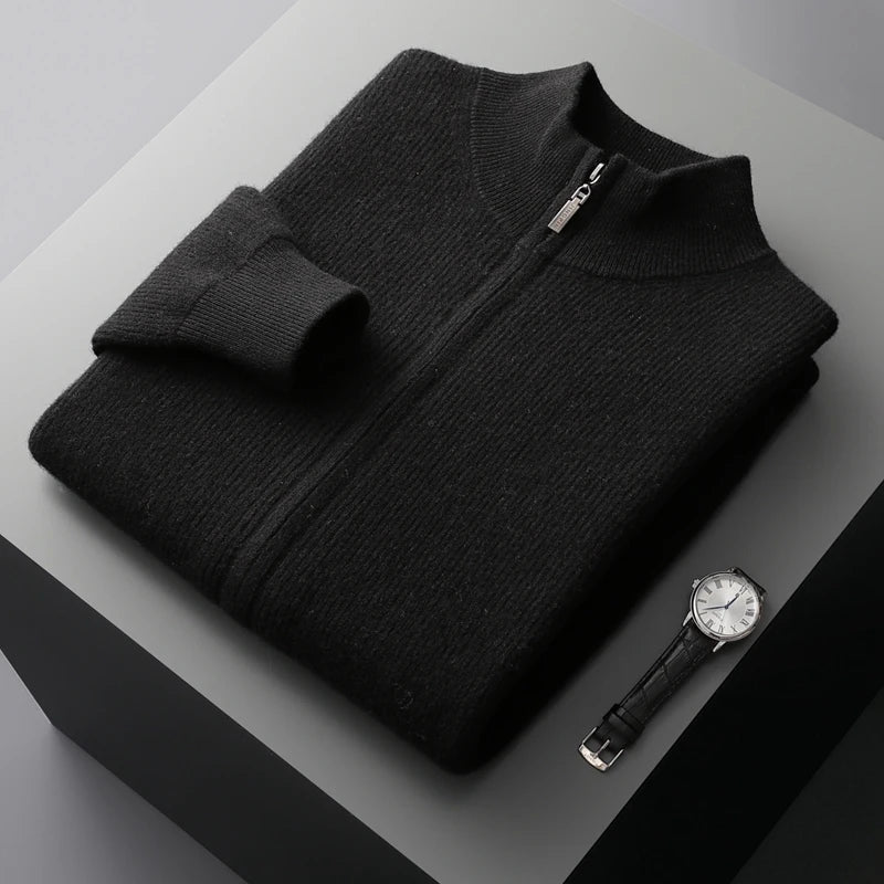 Men's Full Zip Knitted Cardigan – Ribbed Stand Collar Zip Knit