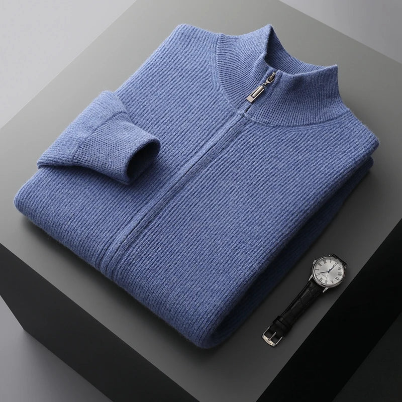 Men's Full Zip Knitted Cardigan – Ribbed Stand Collar Zip Knit