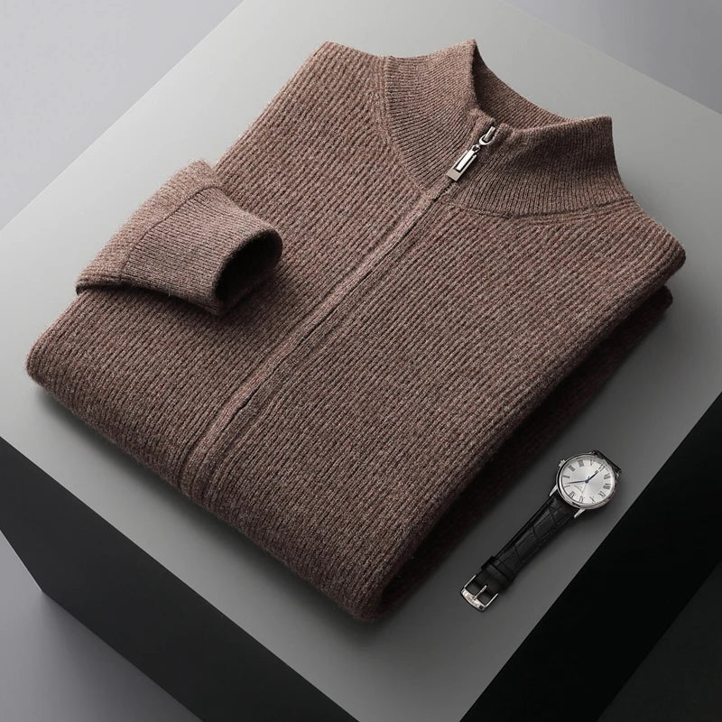 Men's Full Zip Knitted Cardigan – Ribbed Stand Collar Zip Knit