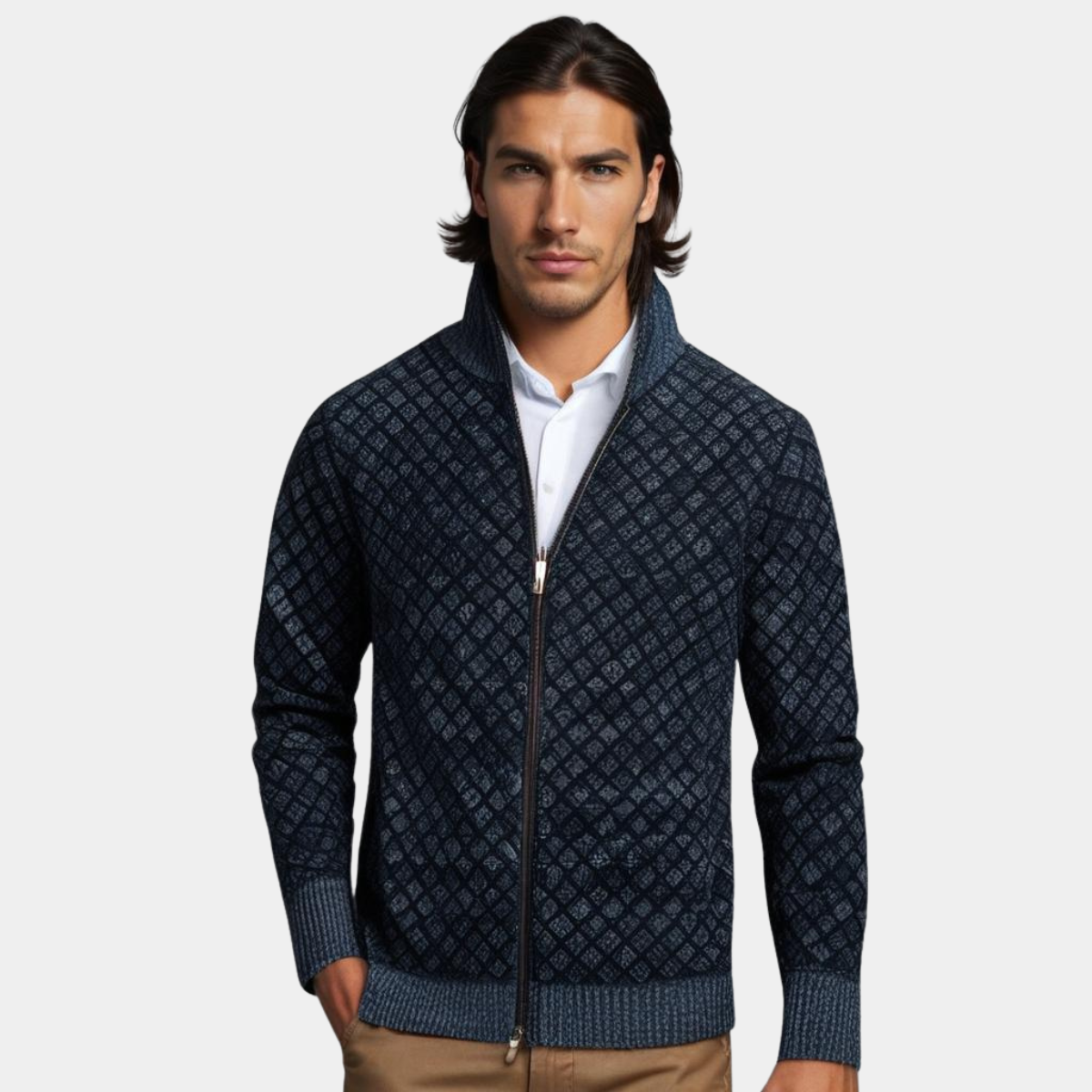 Kacob | Men's Full Zip Knitted Jacket – Textured Stand Collar Cardigan