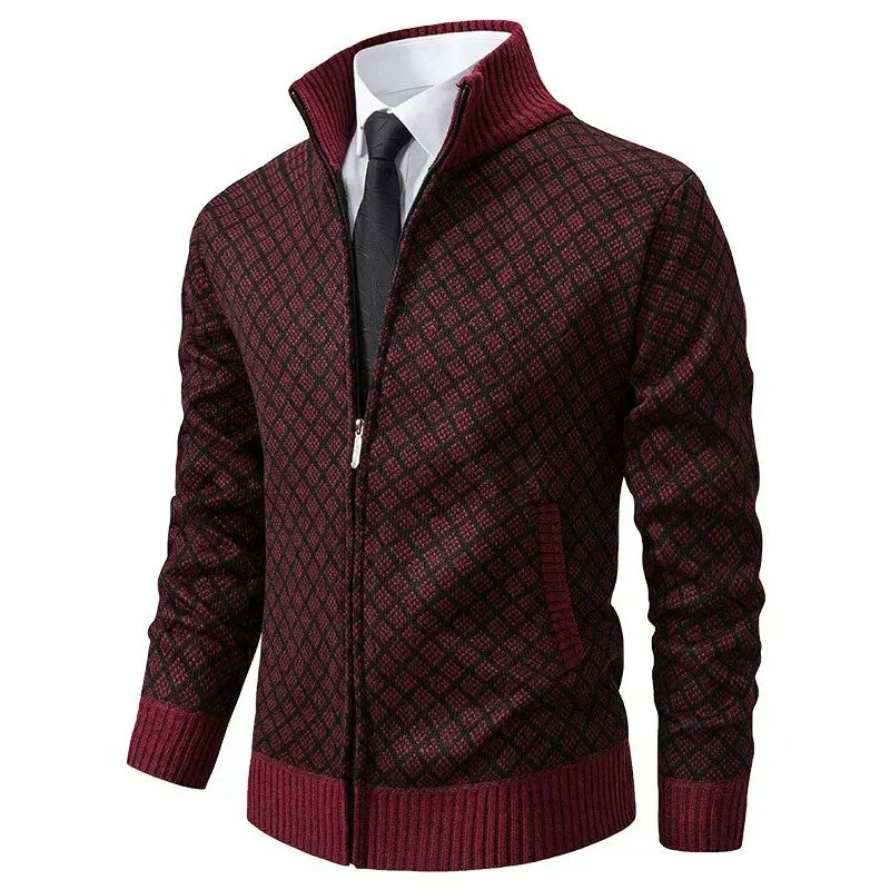 Kacob | Men's Full Zip Knitted Jacket – Textured Stand Collar Cardigan