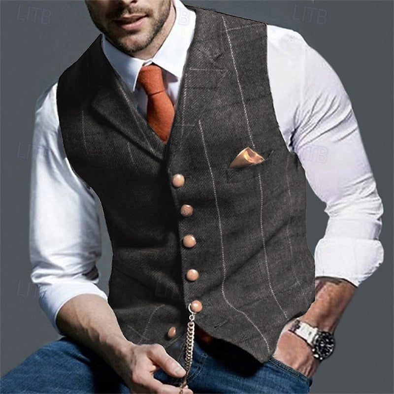 Kacob | Men's Herringbone Waistcoat – Notch Lapel Single Breasted Vest
