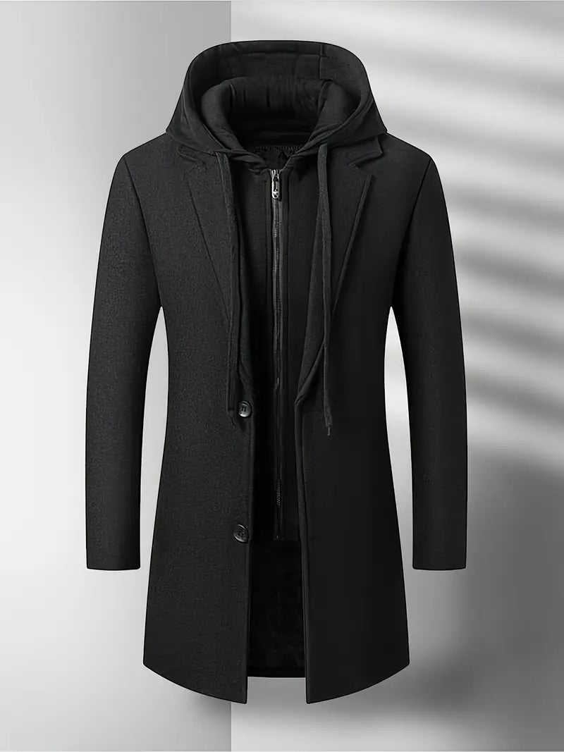 Kacob | Men's Hooded Long Coat – Single Breasted Overcoat with Bib