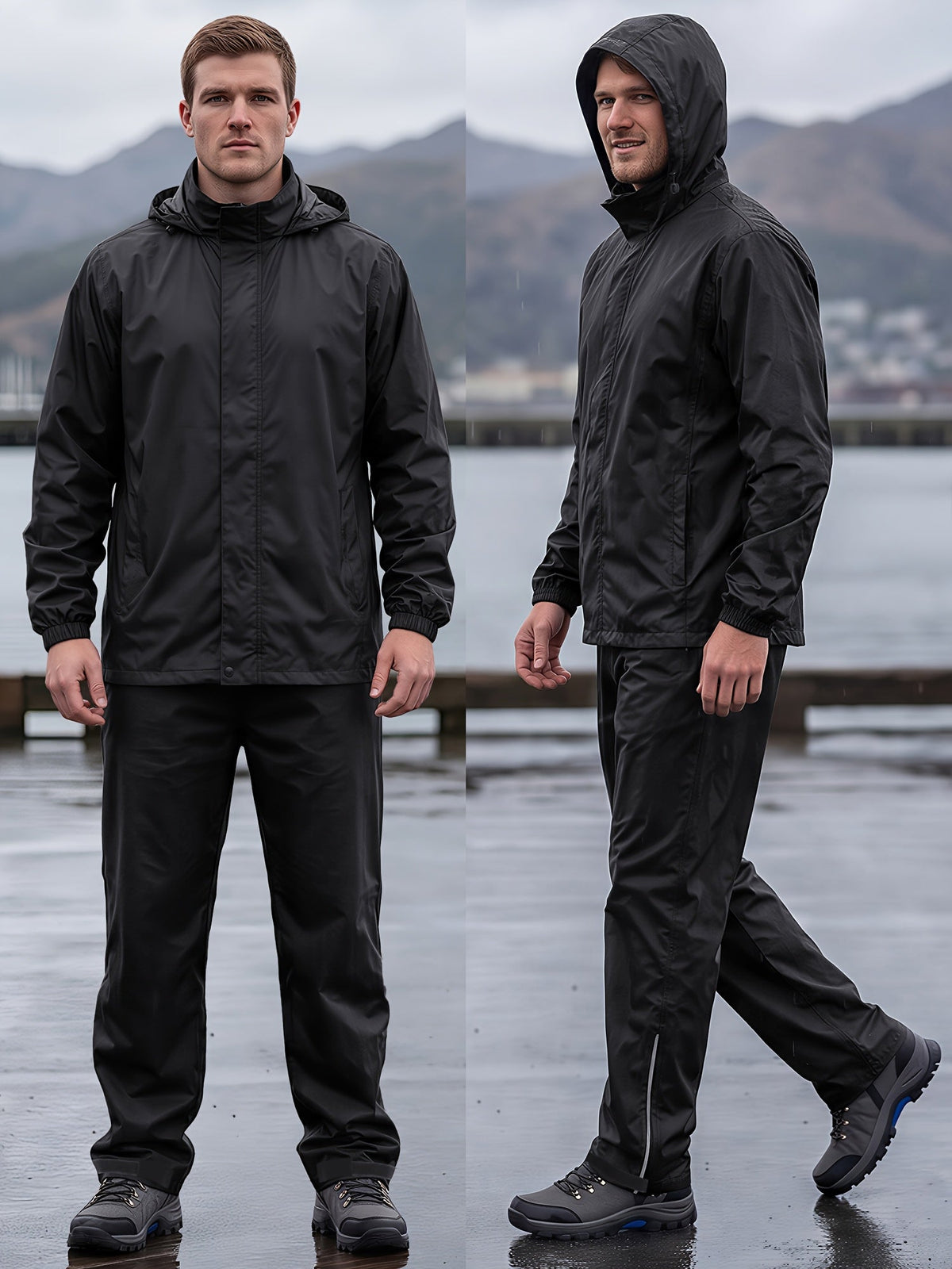 Men's Hooded Rain Jacket and Trousers Set – Two Piece Packable Rain Suit