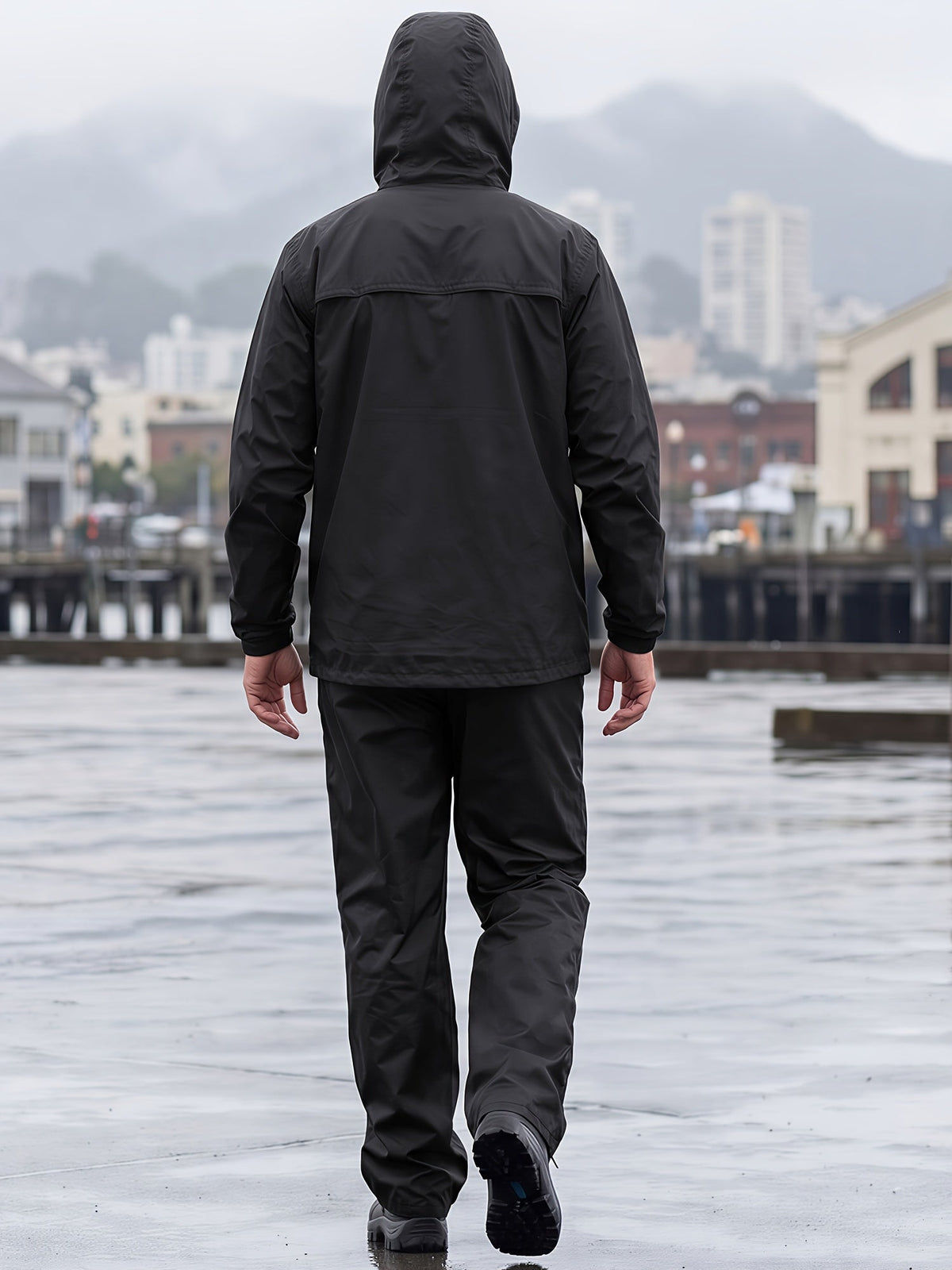 Men's Hooded Rain Jacket and Trousers Set – Two Piece Packable Rain Suit