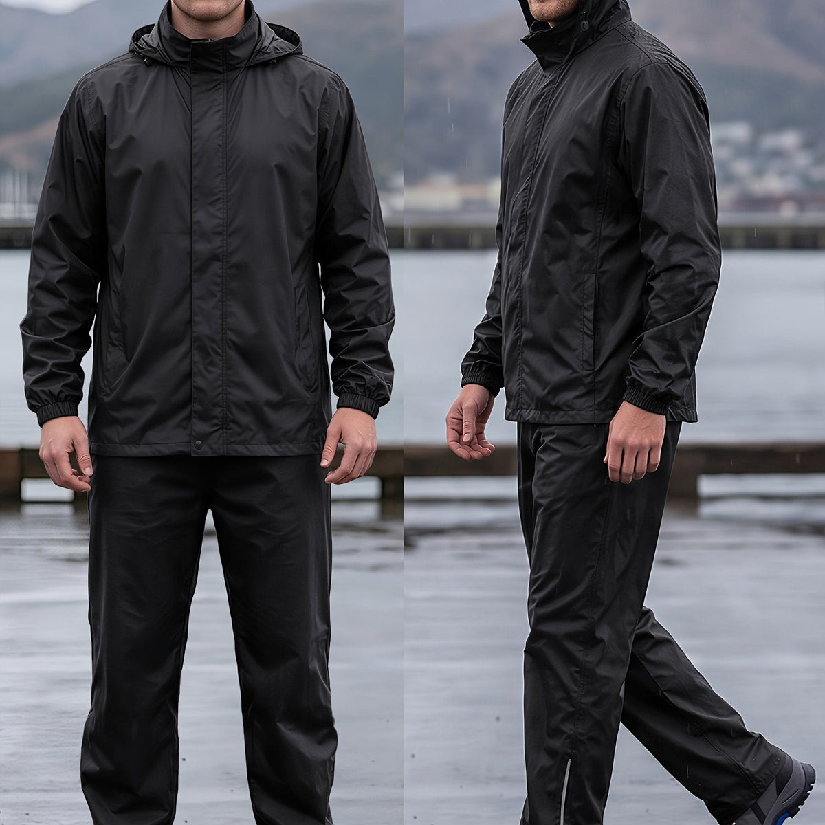 Men's Hooded Rain Jacket and Trousers Set – Two Piece Packable Rain Suit