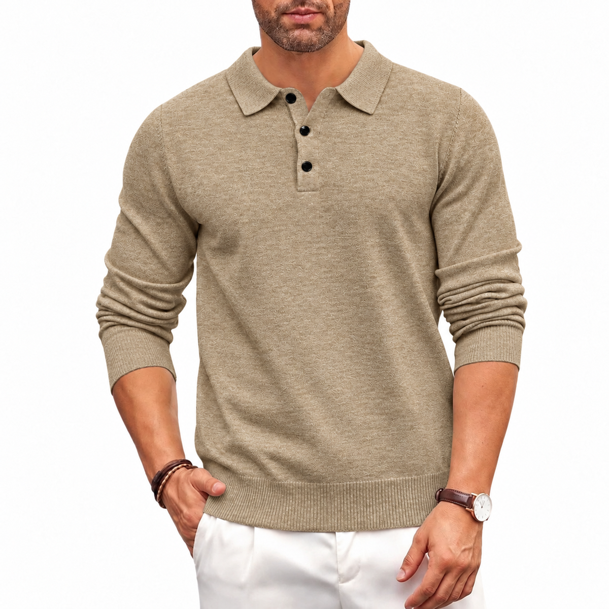 Kacob | Men's Knitted Polo Jumper – Button Collar Long Sleeve Sweater