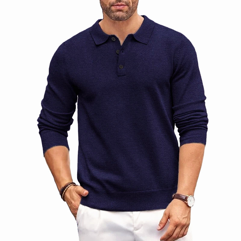 Kacob | Men's Knitted Polo Jumper – Button Collar Long Sleeve Sweater