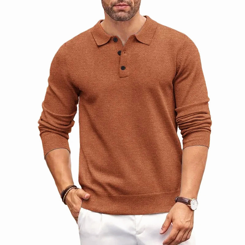 Kacob | Men's Knitted Polo Jumper – Button Collar Long Sleeve Sweater