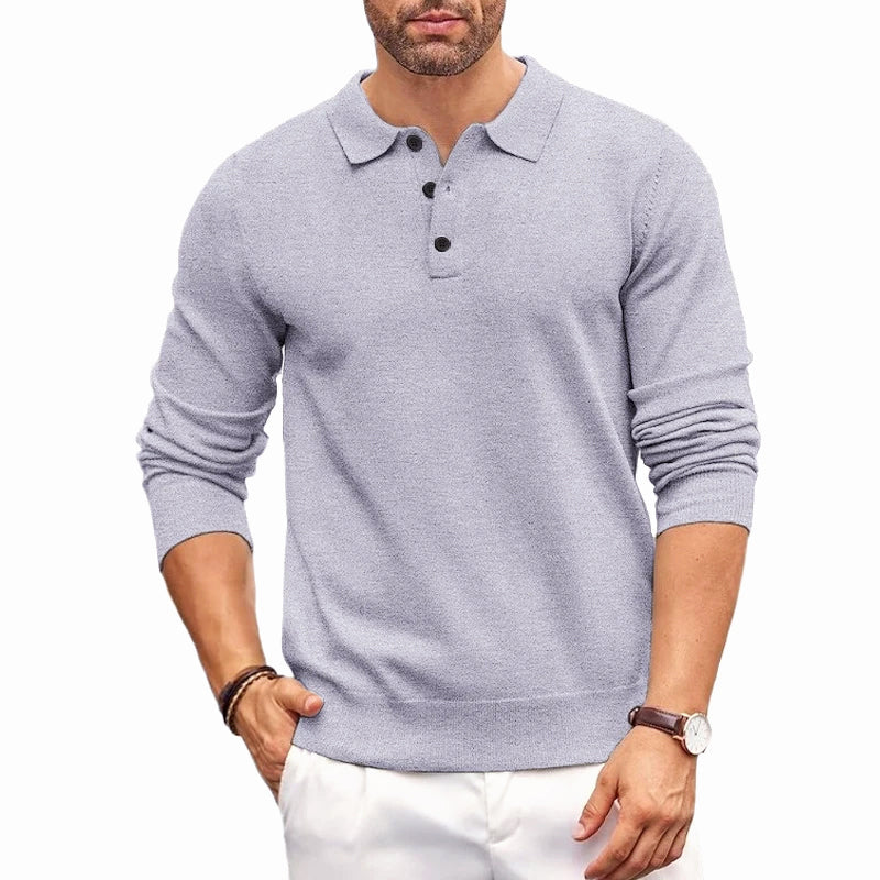 Kacob | Men's Knitted Polo Jumper – Button Collar Long Sleeve Sweater