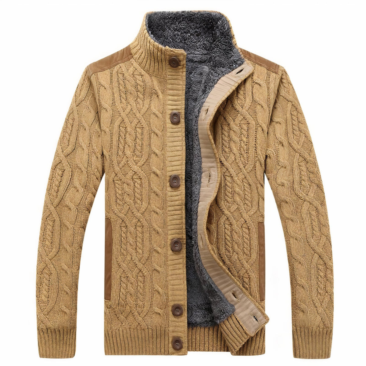 Kacob | Men's Lined Cable Knit Cardigan – Stand Collar Button Up Knit Jacket