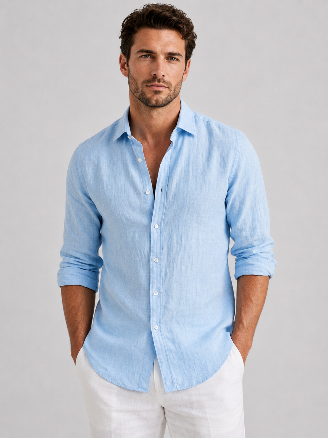 Men's Linen-Look Long Sleeve Shirt – Relaxed Fit Button-Up Summer Shirt