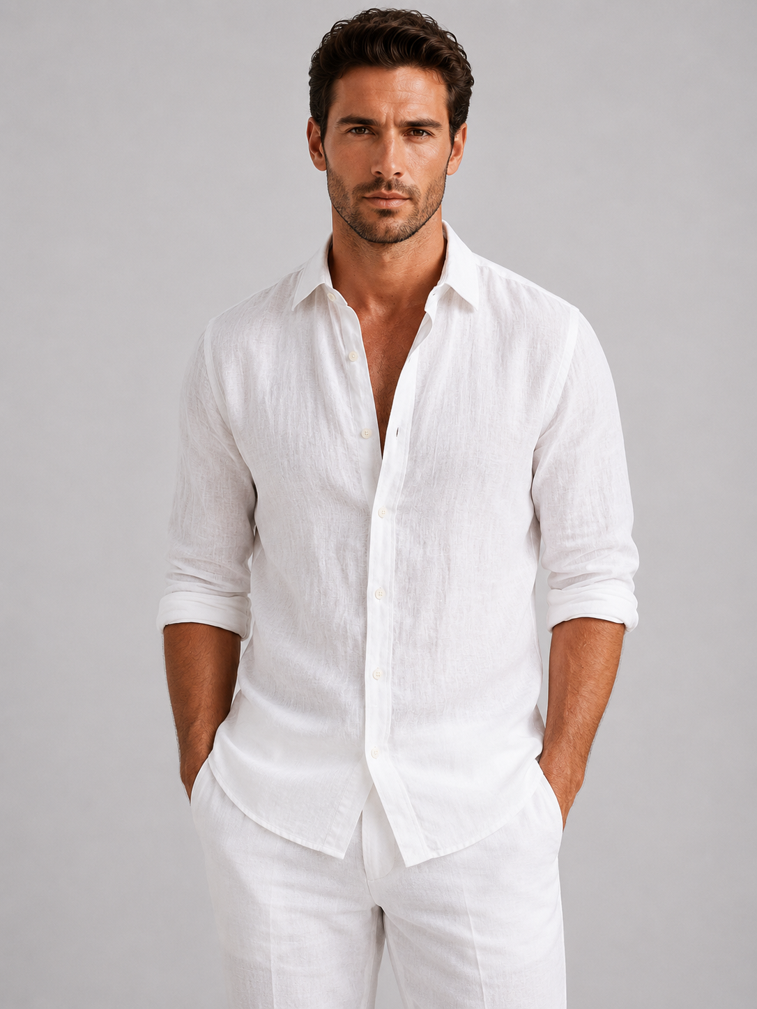 Men's Linen-Look Long Sleeve Shirt – Relaxed Fit Button-Up Summer Shirt
