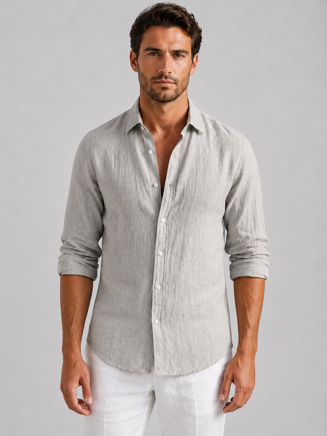 Men's Linen-Look Long Sleeve Shirt – Relaxed Fit Button-Up Summer Shirt